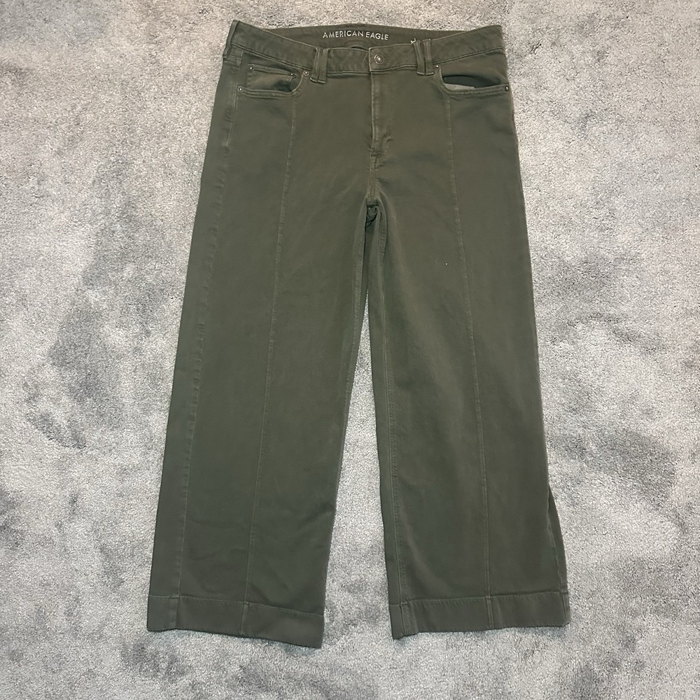 American Eagle Low Rise Baggy Wide Pants Womens 14 (36x29) Stretch Olive Green